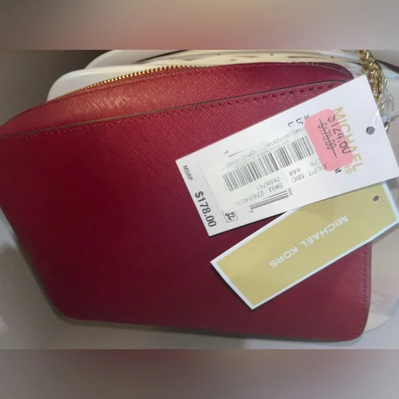 Michael Kors LG Frame Out Item Cherry Red Cross Grain Leather Crossbody Bag - Picture 13 of 16